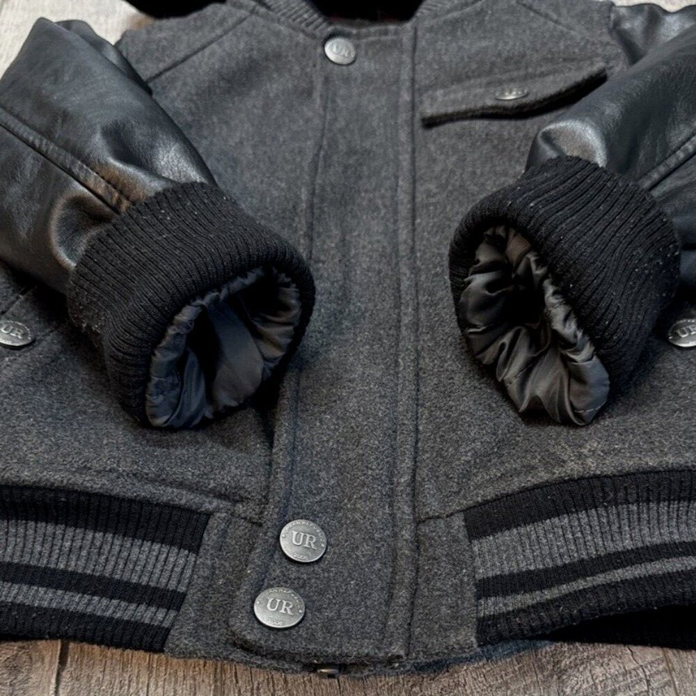 Urban Republic Wool Faux Leather Hooded Jacket Boys Medium 5-6 Black Biker - Picture 8 of 13